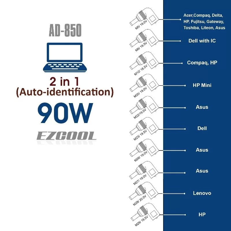 מטען אוניברסלי למחשב נייד Power Adapter 90W AC/DC AD-850 EZCool 90W אוניברסלי - חדש
