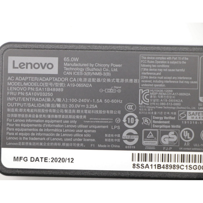 New AC_ADAPTER Rectangle 3P 5A10V03250 Lenovo IdeaCentre AIO 3 24ADA6 Type F0FX Laptop Charger 20V 65W colore:black original